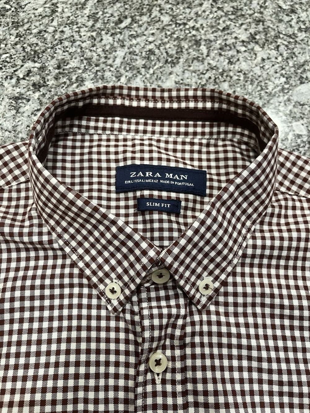 Zara Man Slim Fit Brown White Check Long Sleeve Button-Down Shirt 42 - A1